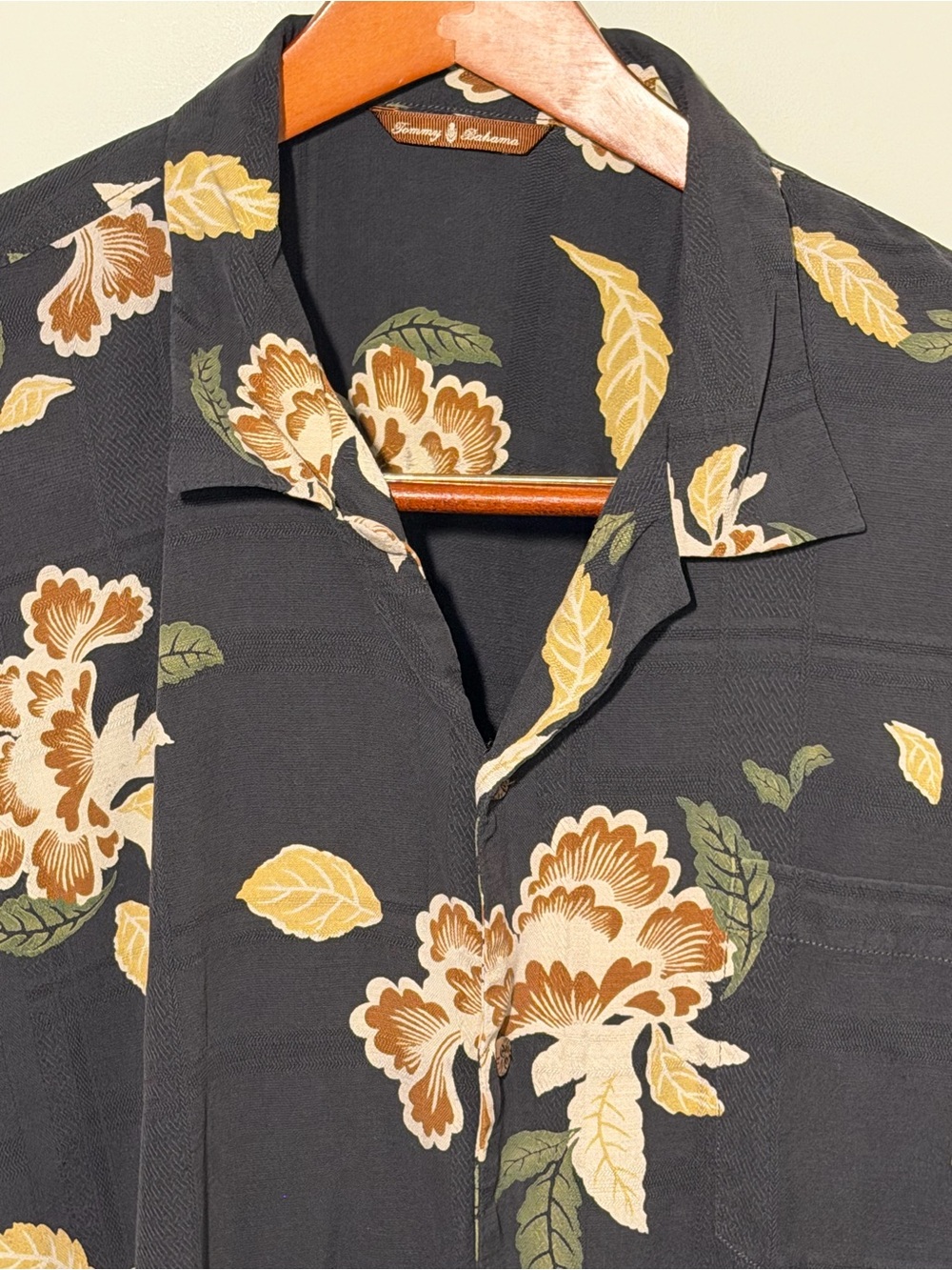 Tommy Bahama Black Floral Island Style Camp Shirt with Gold and Green Accents